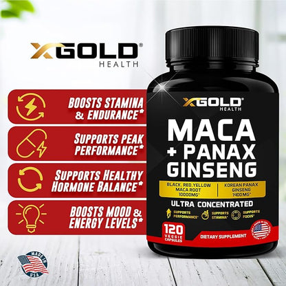 Maca Root Capsules 10,000mg + Korean Panax Ginseng 1,400mg - 20x Concentrated Extract Black + Red + Yellow Maca Root, 10x Concentrated Extract Panax Ginseng Capsules - Ultra Potent & Highly Purified