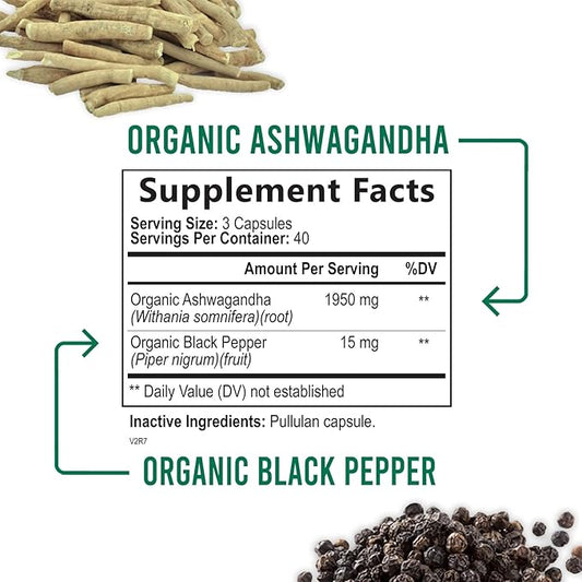 Nature's Nutrition Organic Ashwagandha Capsules Extra 1950mg - 120 Capsules