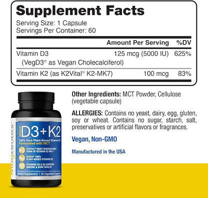 Vitamin D3 K2 with MCT, 5000 D3 & 100 mcg MK7 K2, K2, Support 60 Capsules (60 Days