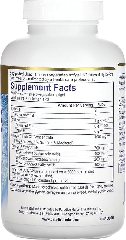 Paradise Herbs Omega-Sure, Omega-3 Concentrate, Premium 120 Count