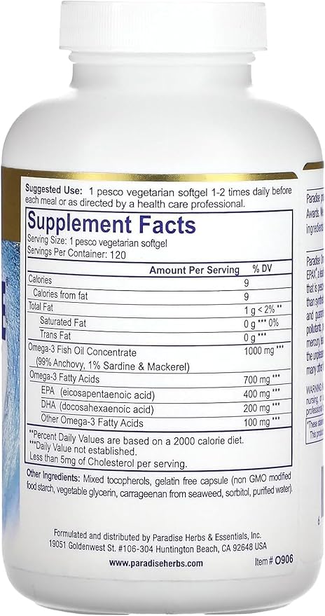 Paradise Herbs Omega-Sure, Omega-3 Concentrate, Premium 120 Count