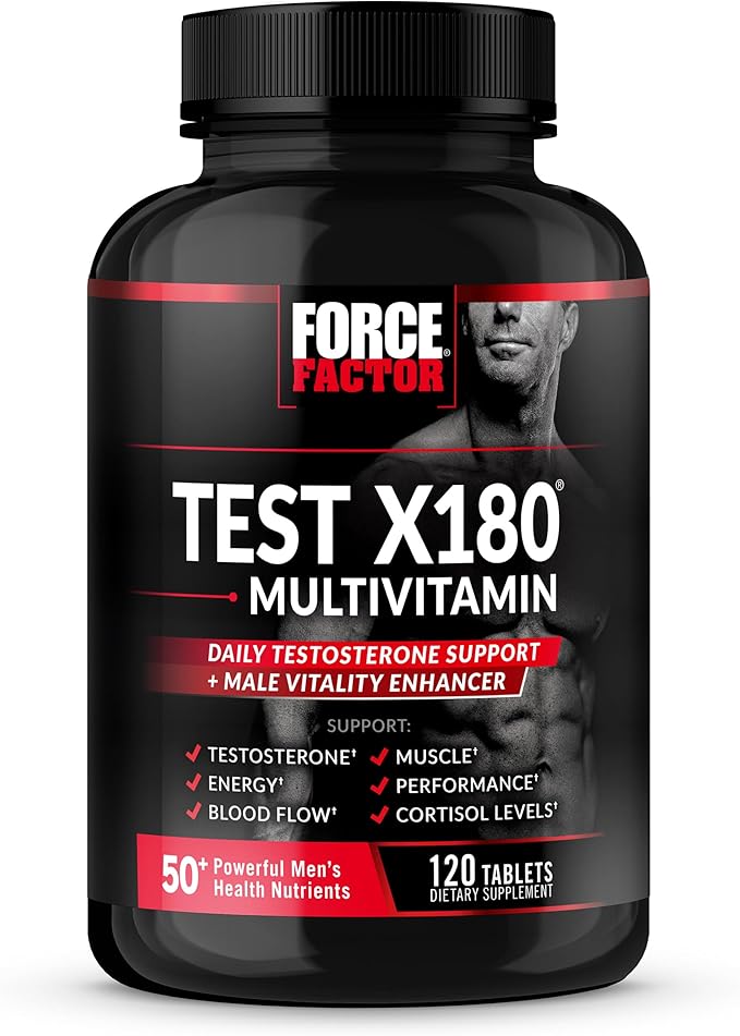 FORCE FACTOR Test X180 Multivitamin for Men Plus Testosterone Support with All 13 Essential Vitamins, for Muscle, Strength, Men’s Health, and Performance, Daily Multivitamin for Adults, 120 Tablets