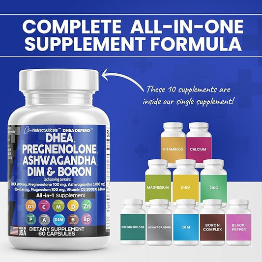 DHEA 200mg Supplement Pregnenolone 100mg 3000mg Boron 6mg Complex 50mg Vitamin D3 5000 5000 iu 60 Ct