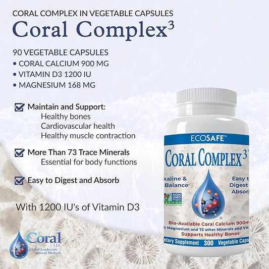 Coral Complex 3 - Coral Calcium 900 mg with Vitamin D3 1200 IU and Magnesium168 mg - 300 Vegetarian Capsules