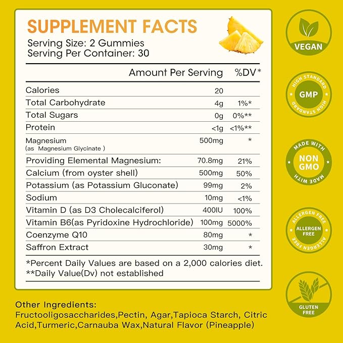 Magnesium Glycinate Gummies 500mg, Chewable Magnesium D3, B6, B6, CoQ10, CoQ10, for 60 Pineapple