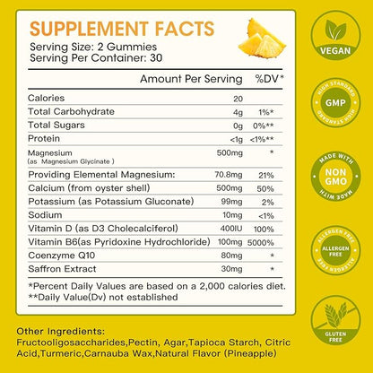 Magnesium Glycinate Gummies 500mg, Chewable Magnesium D3, B6, B6, CoQ10, CoQ10, for 60 Pineapple