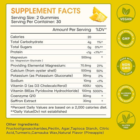 Magnesium Glycinate Gummies 500mg, Chewable Magnesium D3, B6, B6, CoQ10, CoQ10, for 60 Pineapple