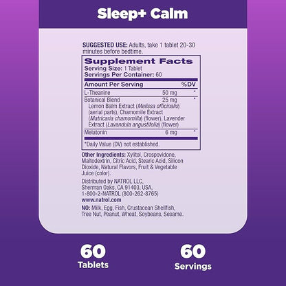 Natrol Sleep + Calm Melatonin 6mg 50mg and 60 Raspberry-Flavored 60 Day