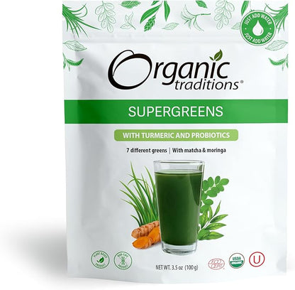 Organic Traditions Super Greens Powder Superfood with Turmeric, Organic Greens Superfood Powder, 100g/3.5oz Bag