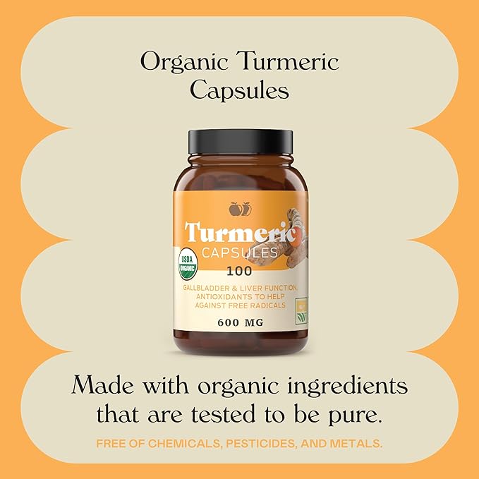Organic Turmeric Capsules 100 Capsules 600mg, Gallbladder,