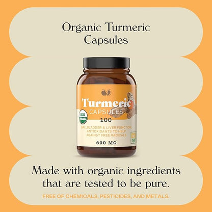 Organic Turmeric Capsules 100 Capsules 600mg, Gallbladder,