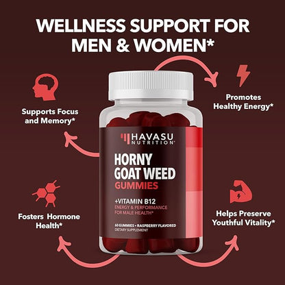 Horny Goat Weed Gummies with Vitamin B12 - Energy, Endurance & Performance Support for Men and Women - Enhanced with B12 Vitamins for Mood & Male Health Support - 60 Raspberry Vegan Gummies