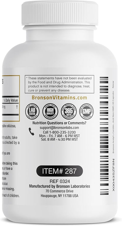 Bronson Acetyl L-Carnitine 500 MG High Potency Amino Acid Non-GMO, 60 Capsules