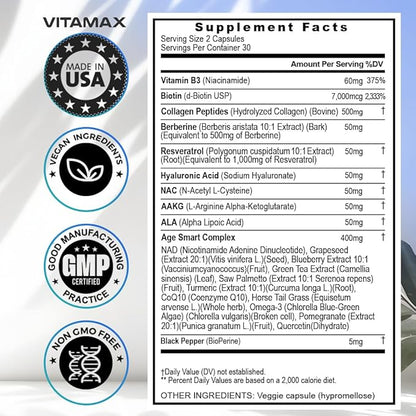 Vitamax Resveratrol NAD+ Berberine Hyaluronic Acid 21-in-1 Women 120 Count