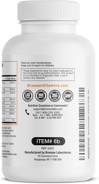 Bronson Vitamin B Complex (Vitamin B1, B2, B3, B3, B6, B6, B9 B9 - B12), 250 250 Tablets