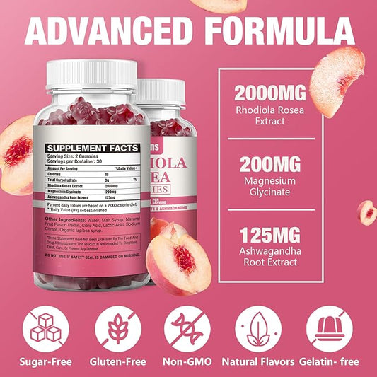1 Pack 2000MG Sugar Free Rhodiola Rosea Gummies-Rhodiola Supplement ＆ Cortisol Reducer for Endurance, Mood ＆ Stress, Sleep ＆ Fatigue Relief Support, Non-GMO, 60 Tablets Vegetarian Chews