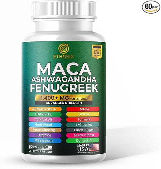 Maca Root Ashwagandha Supplement – 1,400+ MG, 60 Capsules, 17-in-1 for Energy, Stress, Hormonal Health, Non-GMO, with Fenugreek, Turmeric & Tongkat Ali for Men & Women