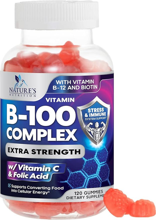 Super B Complex Gummies with Vitamin B6, Folic B12, Biotin, 120 Gummies