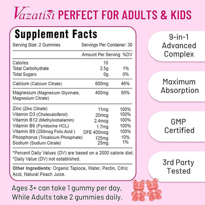 Calcium Magnesium Zinc Gummies with Vitamin D3 & B12, Sugar