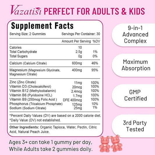 2 Pack Calcium Magnesium Zinc Gummies D3 & B12, Sugar