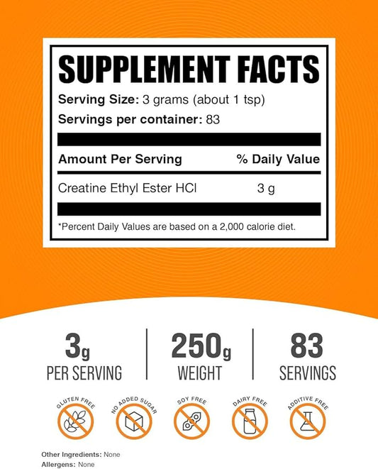 BulkSupplements.com Creatine Ethyl Ester HCl Powder - Creatine Supplement, Creatine Ethyl Ester Powder - Unflavored & Gluten Free, 3g per Serving, 250g (8.8 oz) (Pack of 1)