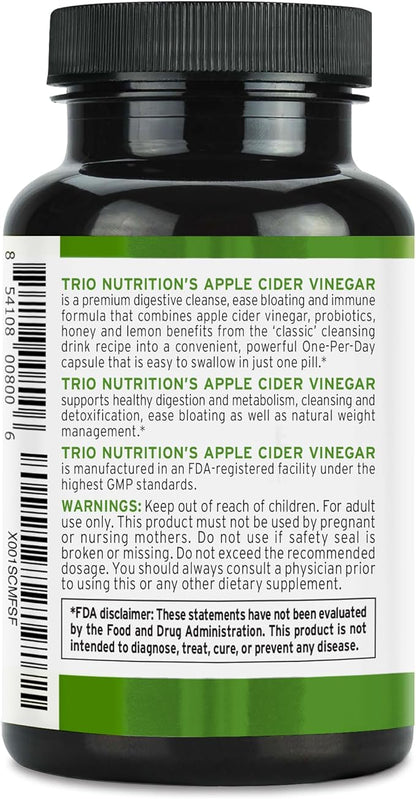 TRIO NUTRITION Apple Cider Vinegar Capsules with Multi-Strain Probiotics - Natural Sugar Free ACV Capsules with The Mother for Gut Health, Immunity, Body Cleanse & Healthy pH*