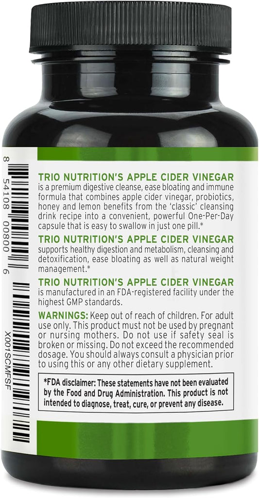 TRIO NUTRITION Apple Cider Vinegar Capsules with Multi-Strain Probiotics - Natural Sugar Free ACV Capsules with The Mother for Gut Health, Immunity, Body Cleanse & Healthy pH*