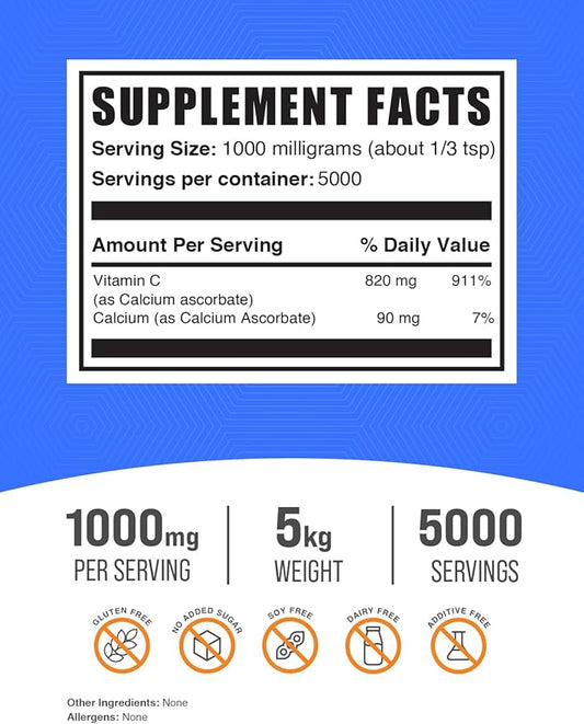 BulkSupplements.com Calcium Ascorbate Powder - Buffered Vitamin C, Calcium Supplement Powder, Vitamin C Supplement - Gluten Free, 1000mg per Serving, 5kg (11 lbs) (Pack of 5)