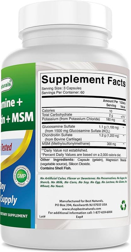 Best Naturals, Glucosamine Chondroitin and MSM Joint Supplements, 2600 mg per Serving, (180 Count (Pack of 3))