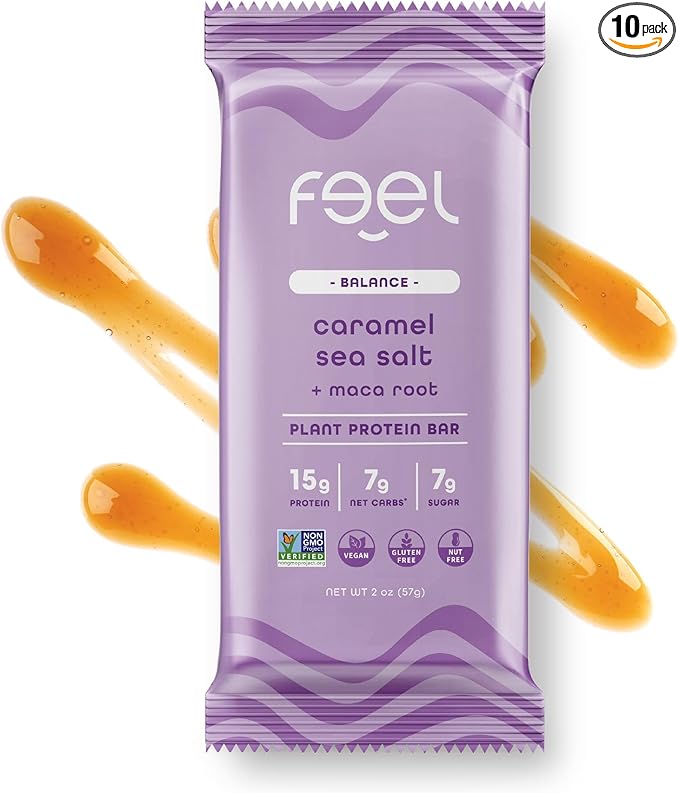 Feel Vegan Protein Bars | Caramel Sea Salt | Keto | Gluten Free | Organic | Maca | 15g Plant Protein | Low Carb | High Protein | Dairy Free | Low Sugar | Grain Free | Nut Free | Soy Free | Non GMO - (Caramel Sea Salt, 10 Pack)
