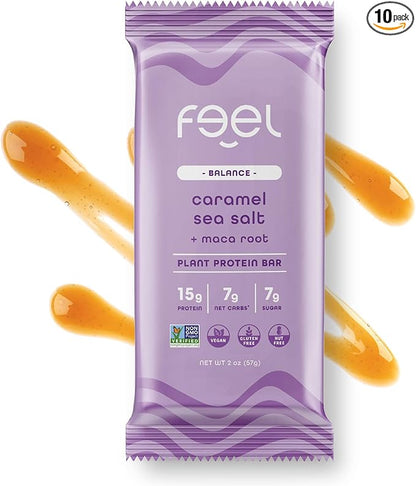 Feel Vegan Protein Bars | Caramel Sea Salt | Keto | Gluten Free | Organic | Maca | 15g Plant Protein | Low Carb | High Protein | Dairy Free | Low Sugar | Grain Free | Nut Free | Soy Free | Non GMO - (Caramel Sea Salt, 10 Pack)