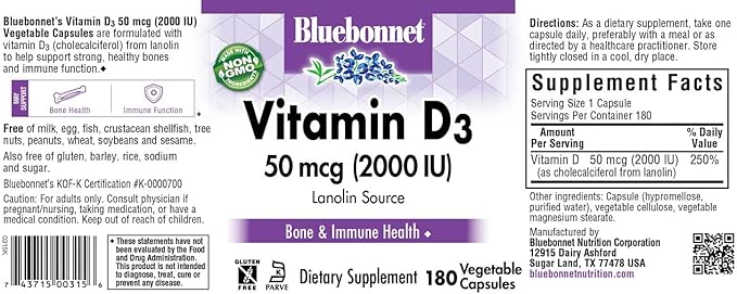 Bluebonnet Nutrition Vitamin D3 2000 IU Vegetable Capsule, Aid in Muscle and Skeletal Growth, Cholecalciferol from Lanolin, D3, Non GMO, Gluten Free, Soy Free, Milk Free, Kosher, 180 Vegetable Capsule