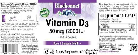 Bluebonnet Nutrition Vitamin D3 2000 IU Vegetable Capsule, Aid in Muscle and Skeletal Growth, Cholecalciferol from Lanolin, D3, Non GMO, Gluten Free, Soy Free, Milk Free, Kosher, 180 Vegetable Capsule