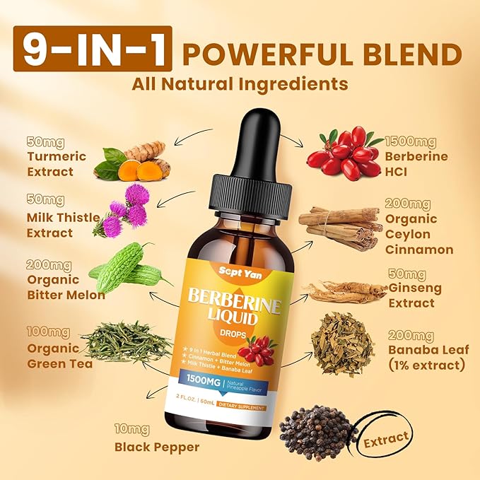 Berberine Supplement Liquid Drops- Berberine 1500mg 2 Fl