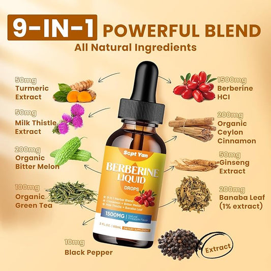 Berberine Supplement Liquid Drops- Berberine 1500mg 2 Fl
