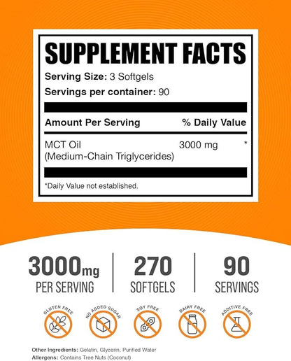 BulkSupplements.com MCT Oil Softgels - Medium Chain Triglyceride, MCT Supplement, MCT Oil 3000mg - for Energy Support, Gluten Free, 3 Softgels per Serving, 270 Count (Pack of 1)