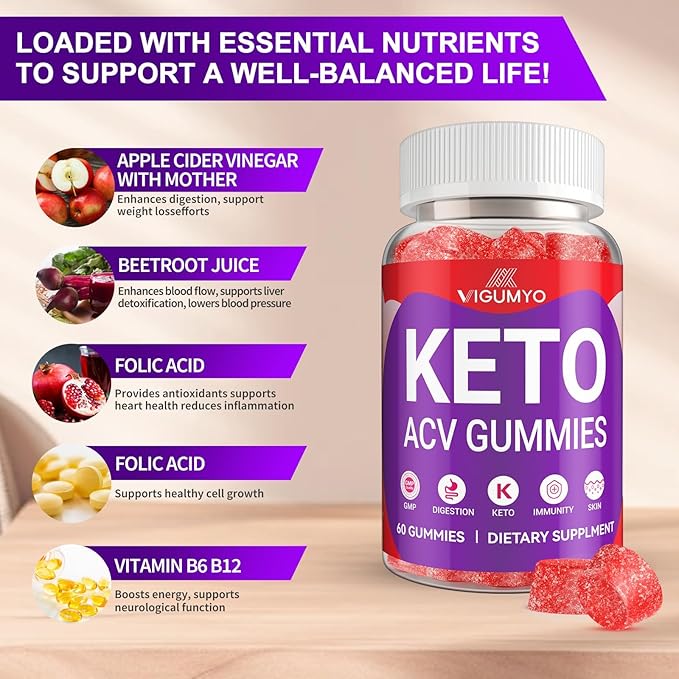 Keto ACV Gummies Formulated with Pomegranate Beet Juice Powder B12 Vegan Non GMO 240 Count