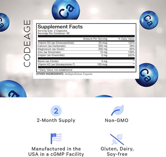Codeage Calcium 500mg Supplement + Magnesium D3 Vitamin K2 - 2-Month Supply- 120 Capsules