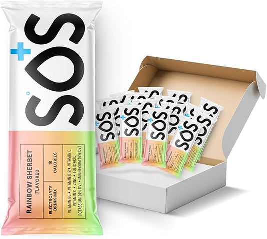 SOS Hydration Electrolyte Powder Drink Mix Packets | Daily Hydration & Energy | Added Essential Vitamins | Low Sugar | 24 Servings (Rainbow Sherbet)