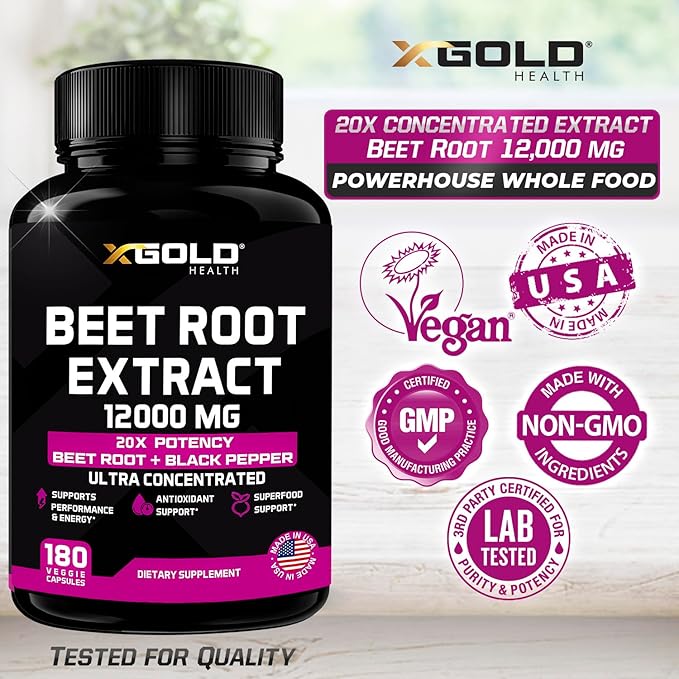 Beet Root Extract Capsules - 12000mg 20x Concentrated Beet Root Capsules Supplement w/Black Pepper - High Nitrates - Natural Nitric Oxide Booster - Highly Concentrated & Bioavailable -180 Veggie Caps