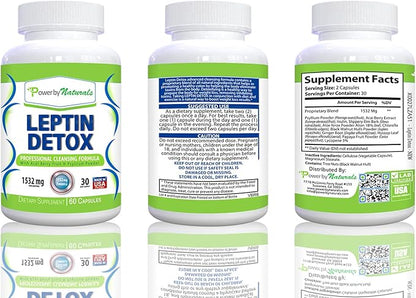 Power By Naturals Leptin Detox Cleanse for Reduce Weight - Natural Gut & Colon Cleanser, 1532mg, Acai Berry Cleanse for Men & Women, 60 Capsules, USA-Made