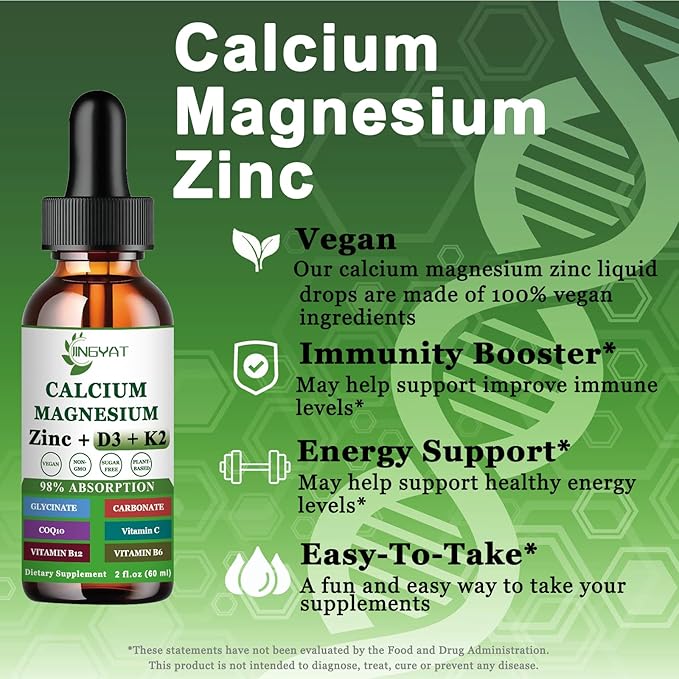 Calcium Magnesium Zinc Liquid Drops, Liquid 500mg Calcium 1000mg with D3,K2,B6,B12,Coq10 for Function,6X Stronger