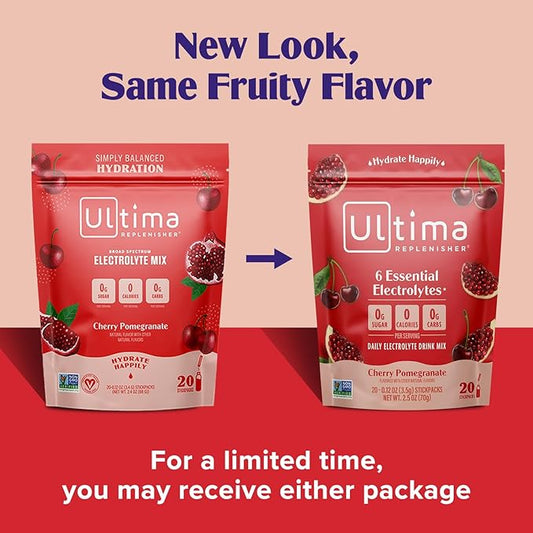 Ultima Replenisher Daily Electrolyte Powder Drink Mix – Cherry Pomegranate, 20 Stickpacks – Hydration Packets with 6 Electrolytes and Minerals – Keto Friendly, Vegan, Non-GMO and Sugar-Free