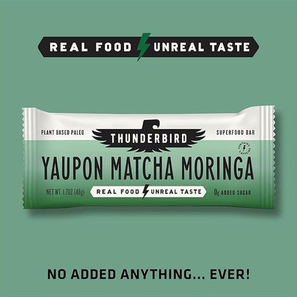 Thunderbird Bars Energy Snack, Gluten-Free with Protein, Healthy Real Food, Vegan Paleo Non-GMO, No Added Sugar, Yaupon Matcha Moringa Flavor (12 Count, 1.7 oz. Bars)