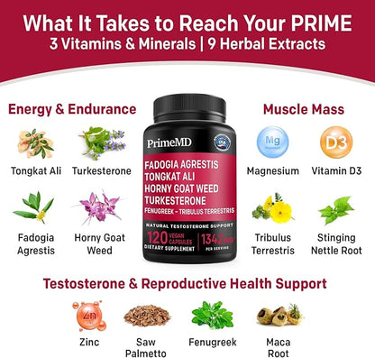 PrimeMD 12-in-1 Fadogia Agrestis and Tongkat Ali for Men - Testosterone Supplement for Men with Turkesterone - Men's Health Supplement for Overall Well-Being with 1342mg Per Serving (120 Capsules)
