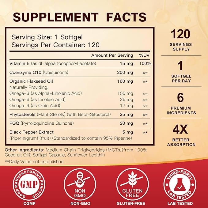 CoQ10 200mg Softgels with Vitamin E 3-6 -9 -9 & Q10 with 120 Servings