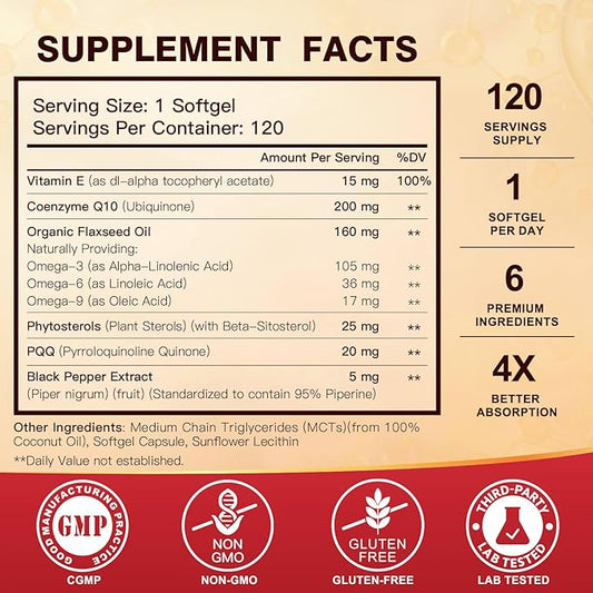 CoQ10 200mg Softgels with Vitamin E 3-6 -9 -9 & Q10 with 120 Servings