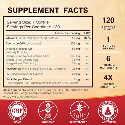 CoQ10 200mg Softgels with Vitamin E 3-6 -9 -9 & Q10 with 120 Servings