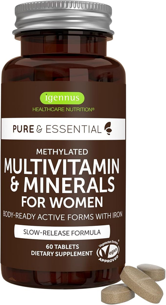 Igennus Methylated Women's Multivitamin, Methylated Folate for MTHFR, Clean Label & Sustained Release, with Iron, Non-GMO, Halal, 60 Vegan Tablets