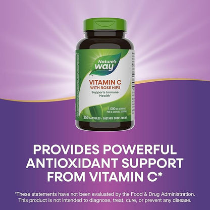 Nature's Way Vitamin C with Rose Hips, Powerful Antioxidant & Immune Function Support from Vitamin C*, Promotes Collagen for Healthy Skin*, 1,000 mg Vitamin C per 2-Capsule Serving, 250 Capsules